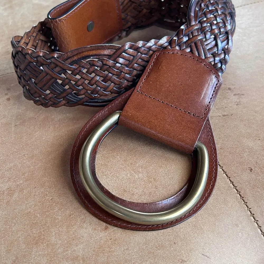 Wide Woven Leather Belt Brown Oversized Ring Buckle Boho Western Cowgirl Women M